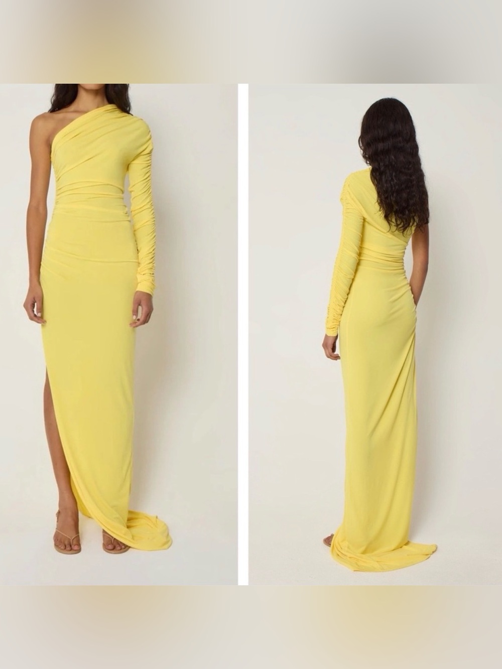 Khy x Atlein One-Shoulder Yellow Ruched Long-Sleeve Evening Gown